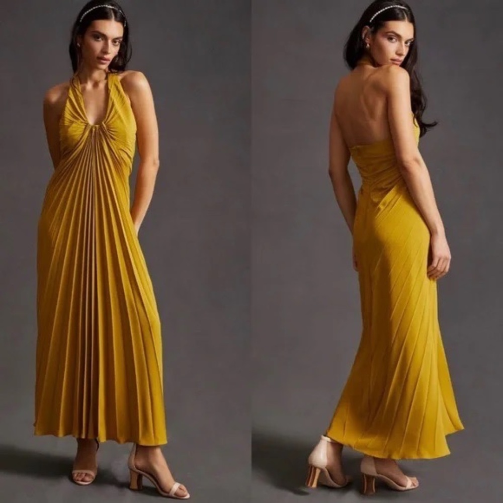 Anthropologie Pleated Halter Midi Dress Size 10 Gold